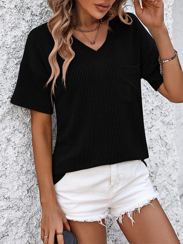 V-neck Twisted Strip Color-blocked Loose Short-sleeved T-shirt