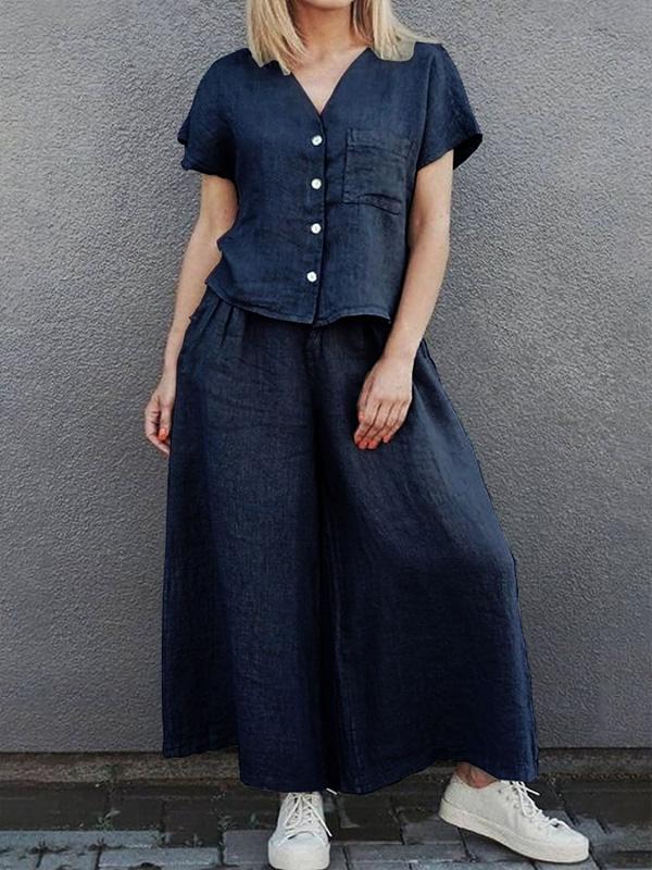 Cotton and Linen Solid Color Short-sleeved Shirt Top and Wide-leg Pants Suit