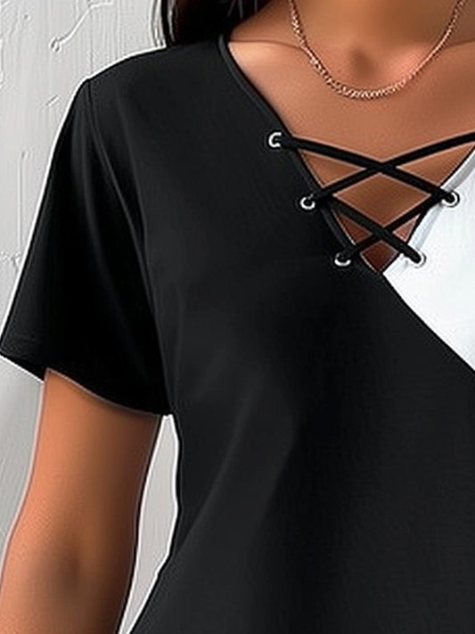 V-neck Tie Colorblock Short-sleeved Top