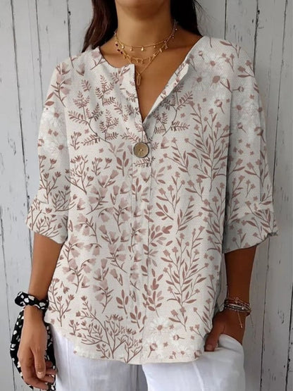 V-neck Printed Button Long Sleeve Shirt