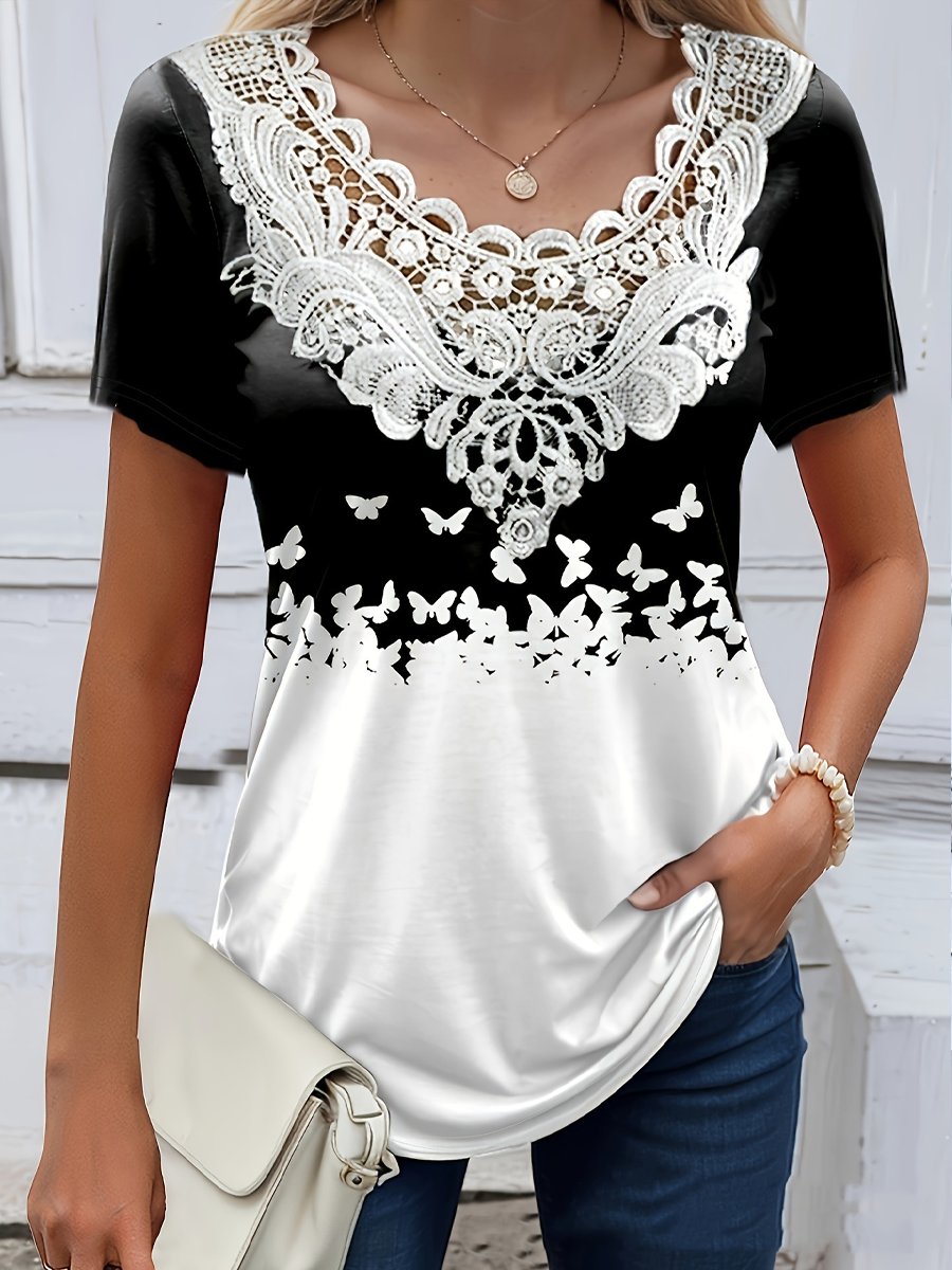 Hollow Lace Short-Sleeved T-Shirt