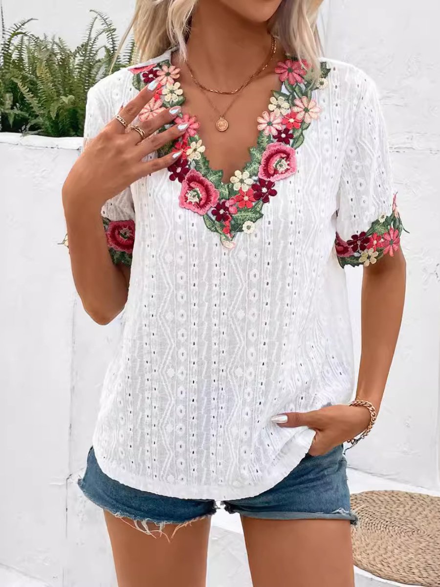 V-neck Embroidered Floral Lace Trim Top