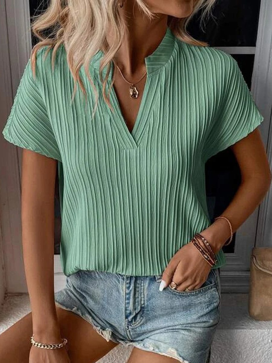 V-neck Striped Textured Short-sleeved T-shirt