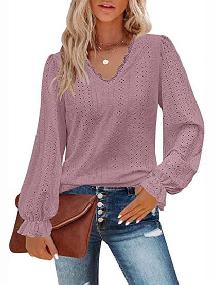 V-neck Cutout Jacquard Casual Long Sleeve Shirt