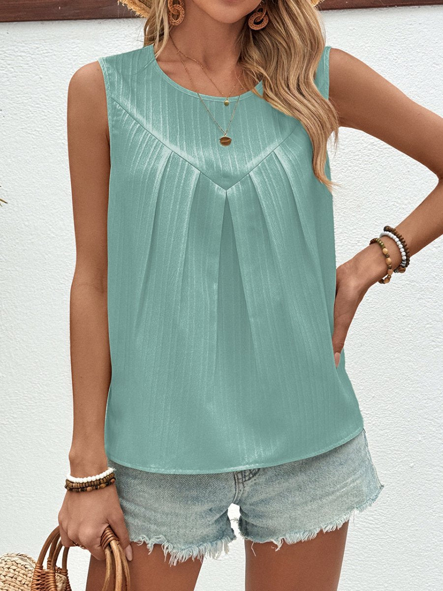 U-neck Pleated Solid Color Sleeveless Top