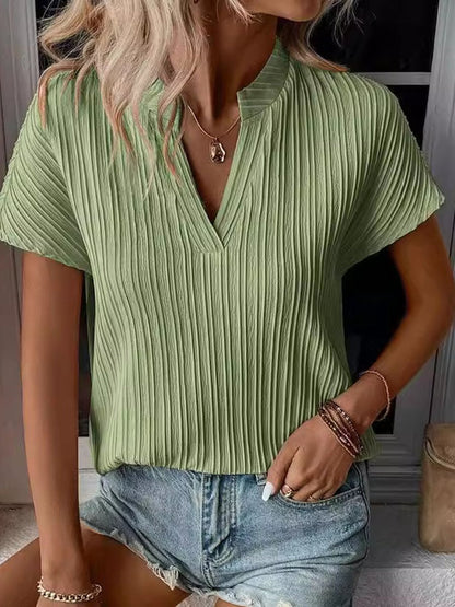 V-neck Striped Textured Short-sleeved T-shirt