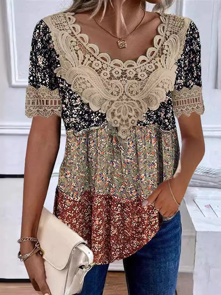 Round Neck Lace Print Short Sleeve T-shirt