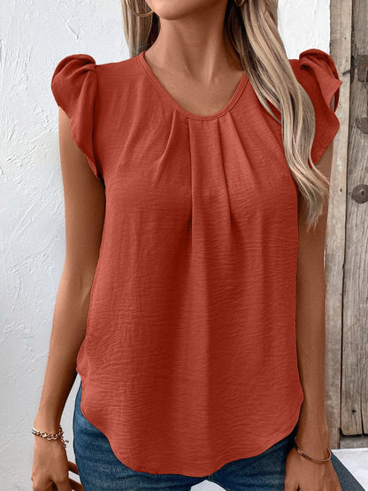 Round Neck Flutter Sleeves Pleated Solid Color Top