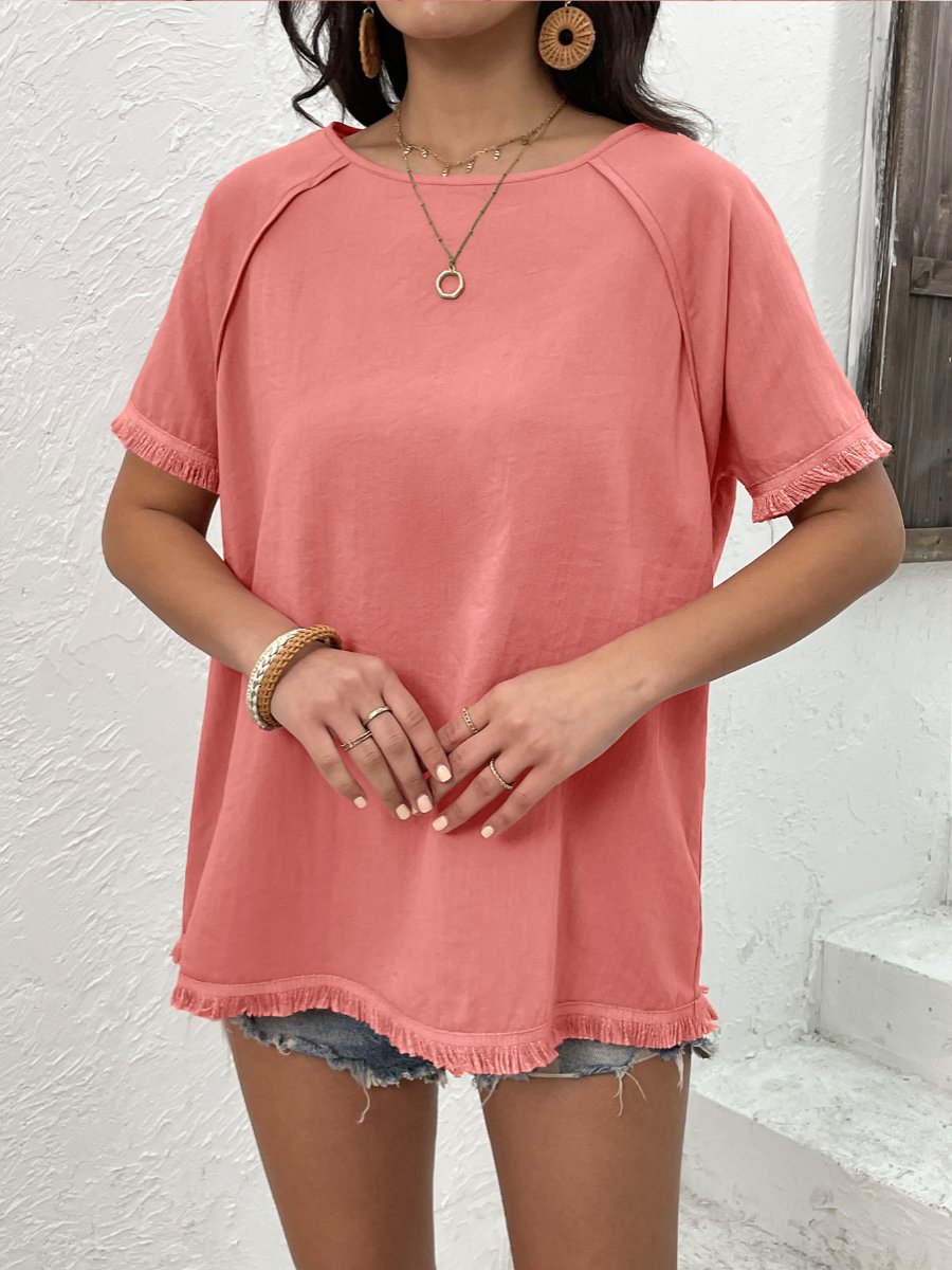 Tassel Patchwork Round Neck Loose T-shirt