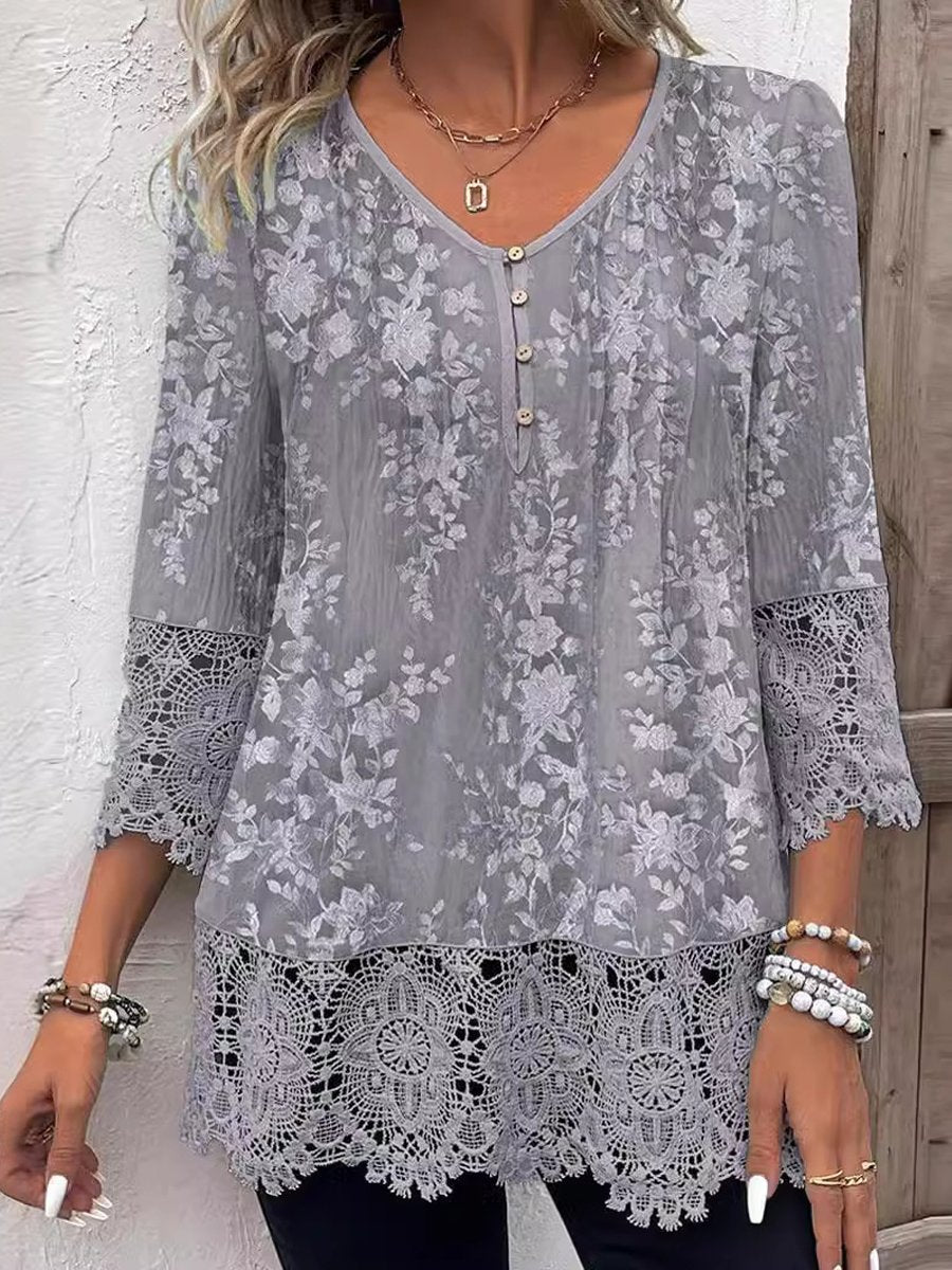 V-Neck Printed Lace T-Shirt