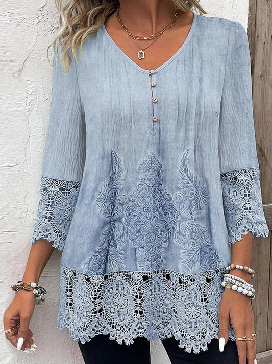 Button V-Neck Lace T-Shirt