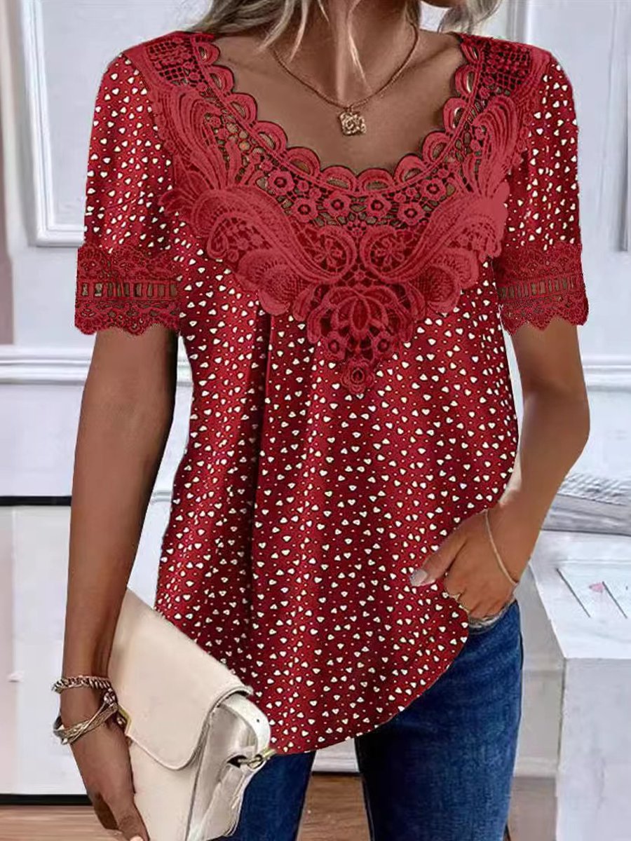 Round Neck Lace Print Short Sleeve T-shirt