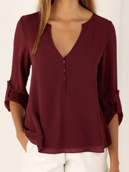 V-neck Faux Two-piece Chiffon Blouse