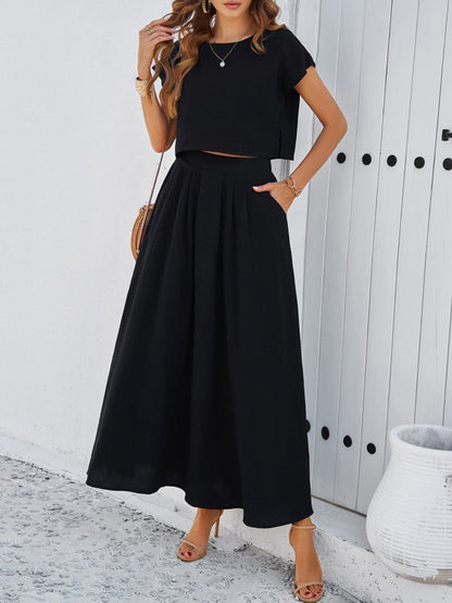 Leisure Solid Color Top and Skirt Set