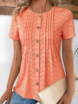 Lace Hollow Out Pleated Button T-Shirt