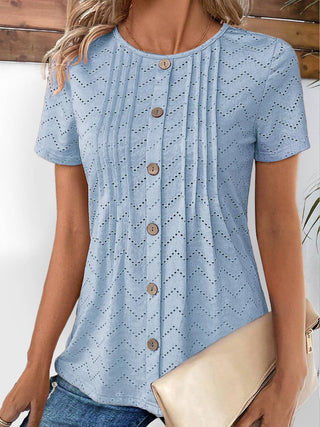 Lace Hollow Out Pleated Button T-Shirt