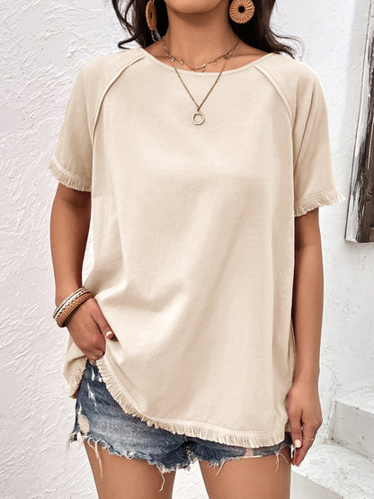 Tassel Patchwork Round Neck Loose T-shirt