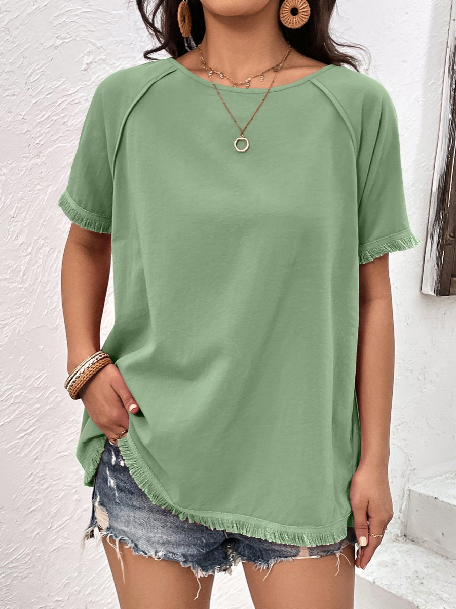 Tassel Patchwork Round Neck Loose T-shirt