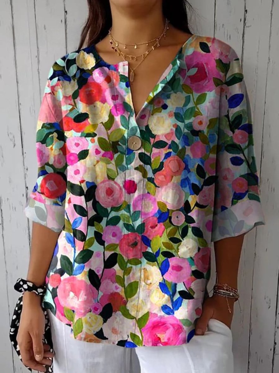 V-neck Printed Button Long Sleeve Shirt