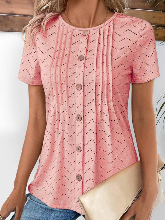 Lace Hollow Out Pleated Button T-Shirt