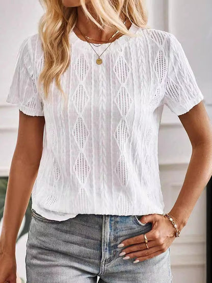 Round Neck Buttoned Cutout Jacquard Short-sleeved T-shirt