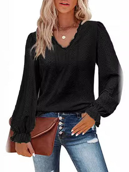 V-neck Cutout Jacquard Casual Long Sleeve Shirt