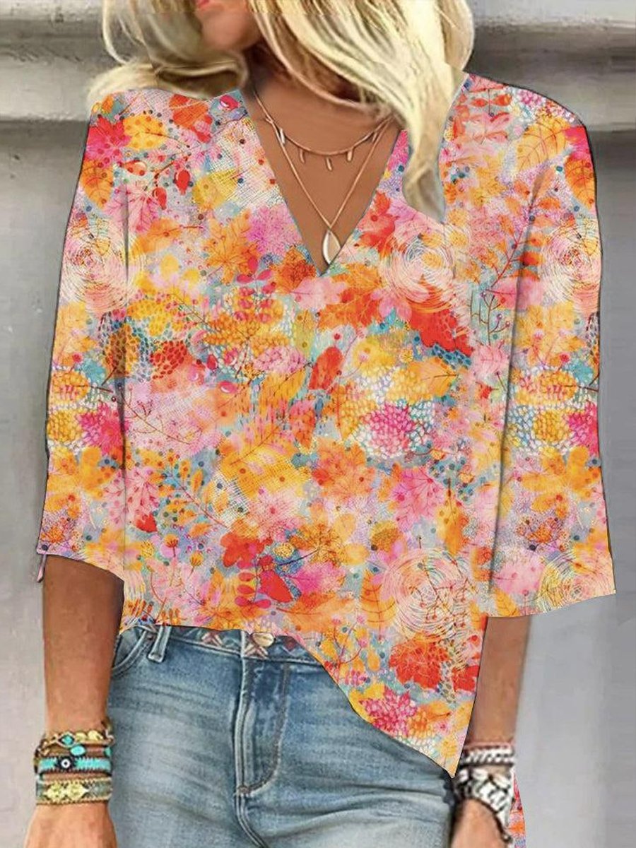 Printed Casual V Neck T-Shirt