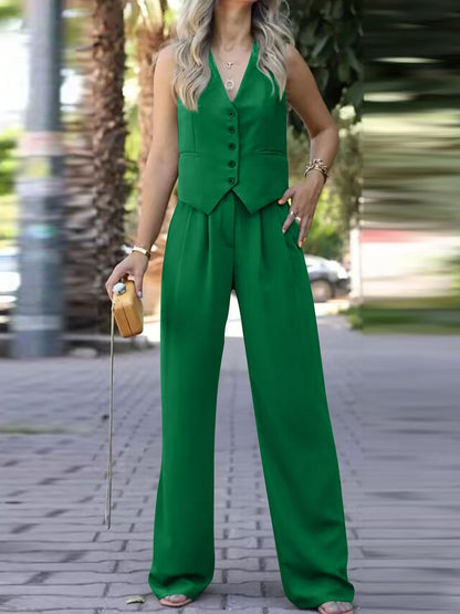 Stylish Vest Draped Back and Wide-leg Trousers Set