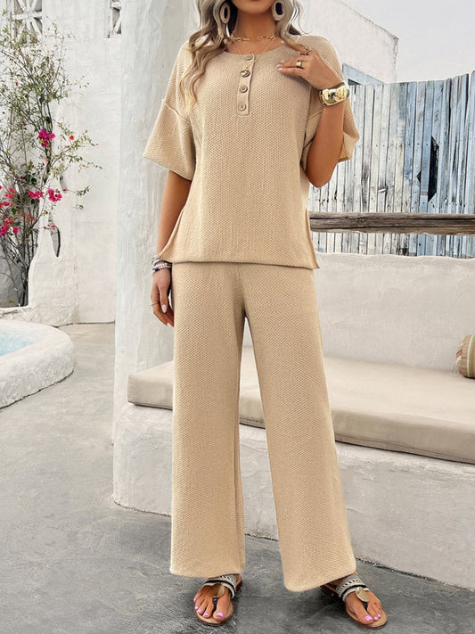 Leisure Solid Color Knitted Short Sleeves and Pants Set