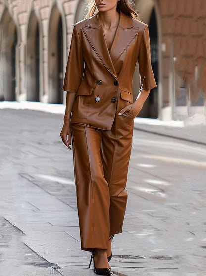 V-Neck Leather Suit Pants Two-piece Set