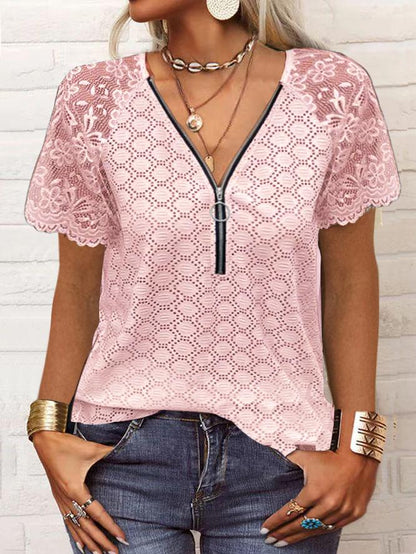 Elegant Hollow Out Lace Patchwork Zipper Top