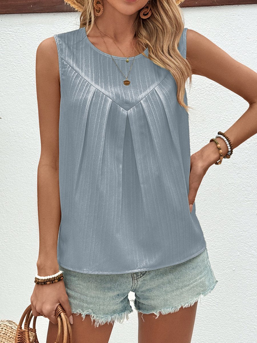 U-neck Pleated Solid Color Sleeveless Top