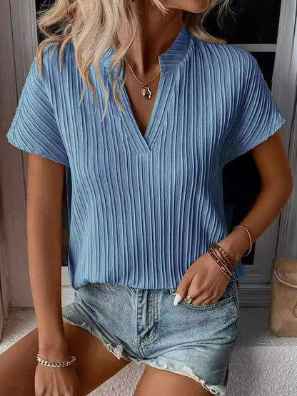 V-neck Striped Textured Short-sleeved T-shirt